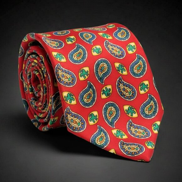Tommy Hilfiger Tie Vintage 90s Red Blue Paisley Silk Necktie Classic Designer - Picture 1 of 3